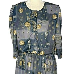 Vintage Midi Dress 14 Gray Floral Paisley 3/4 Sleeve Pockets Shoulder Pads